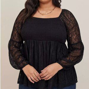 Torrid Babydoll Stretch Lace Smocked Bodice Square Neck Top